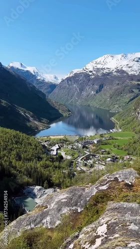 Stunning Nature Panorama with Fjord and Snow-Capped Peaks