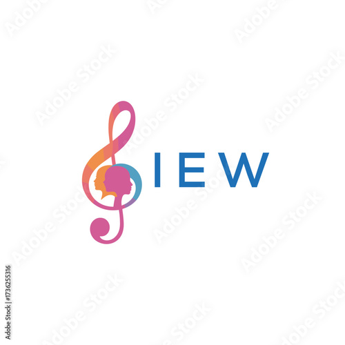 “Creative music logo with human silhouettes and treble clef in gradient colors, IEW Later Logo, modern artistic design isolated on white background”
