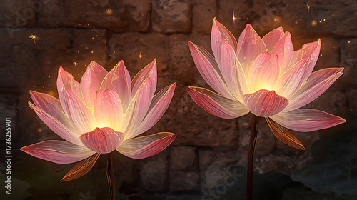 Beautiful glowing lotus flowers with pink petals edged in gold, illuminated by sparkles and magical light against a textured stone wall.