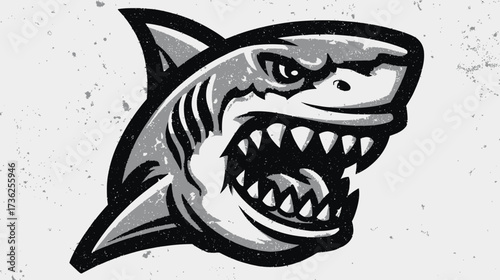Angry Shark Head Graphic Illustration with Sharp Teeth, Aggressive Marine Predator Mascot Design for Sports or Team Identity