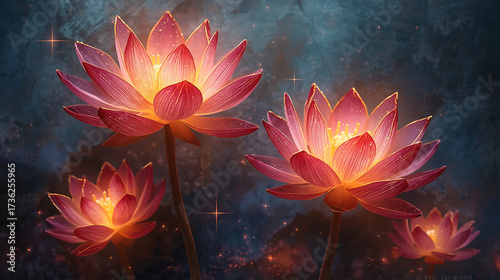 Beautiful glowing lotus flowers with pink petals edged in gold, illuminated by sparkles and magical light against a textured stone wall.
