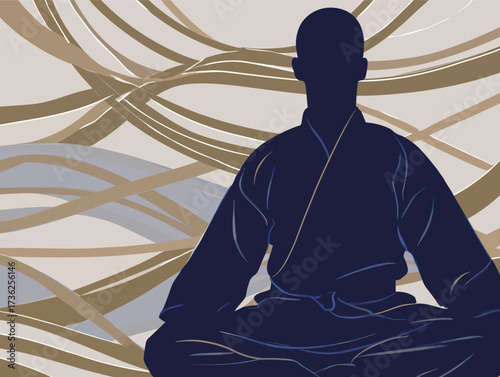 A person sits in a meditative pose, surrounded by flowing abstract patterns that create a calm atmosphere. The design accentuates tranquility and focus.