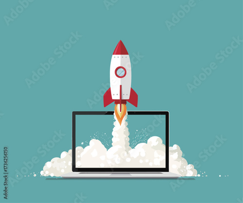 A colorful illustration shows a rocket taking off from a laptop screen. Clouds of smoke surround the rocket, symbolizing innovation and technology in a modern setting.
