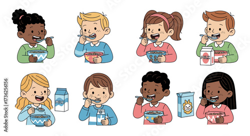 Cartoon Children Eating Cereal from Bowls with Spoons.