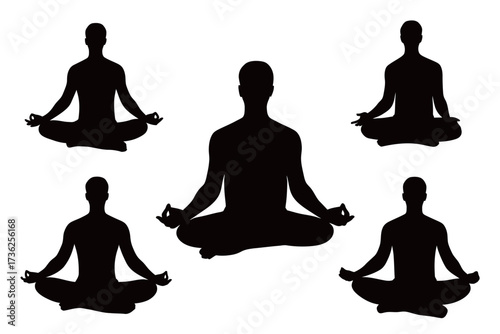 Multiple figures are engaged in meditation, seated in calming postures. Their silhouettes reflect a peaceful atmosphere, promoting mindfulness and tranquility.