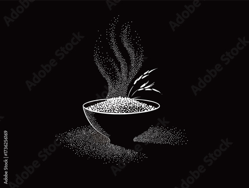 A bowl filled with steaming white rice sits against a dark background. Delicate steam patterns rise from the bowl, adding a sense of warmth and comfort.