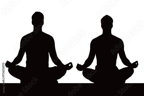 Two figures are seated in a meditative pose, highlighting harmony and peace. The silhouettes display a calm and focused atmosphere during a quiet moment of mindfulness.