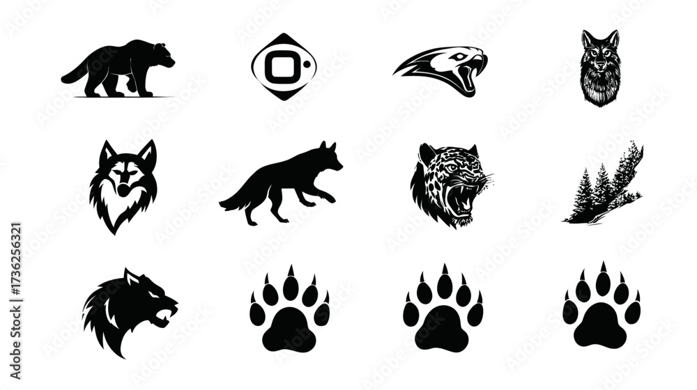 Naklejka premium Vector wildlife collection: bear, wolf, fox, big cat, eagle silhouettes & detailed illustrations with paw prints, nature-themed designs.