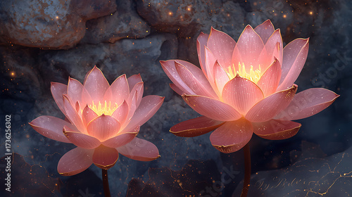 Beautiful glowing lotus flowers with pink petals edged in gold, illuminated by sparkles and magical light against a textured stone wall.