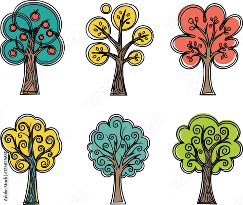 Six whimsical, hand-drawn trees in various colors and stylized leaf shapes, each with a unique artistic outline.