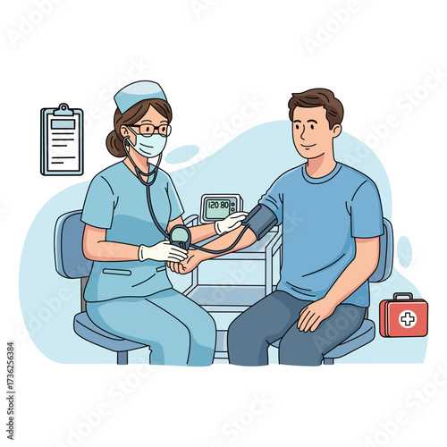 Professional female nurse checking a male patient's blood pressure with a monitor and stethoscope, symbolizing medical examination, regular check-up, and preventative healthcare services.