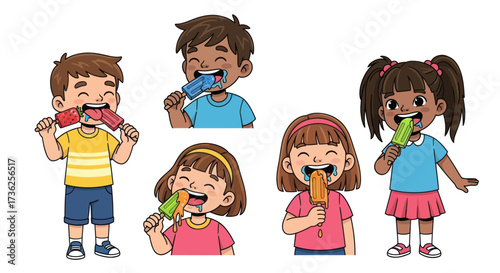 Cartoon Children Enjoying Colorful Popsicles on a Sunny Day.
