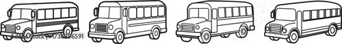set of school bus line art, coloring book page line art drawing, vector and illustration