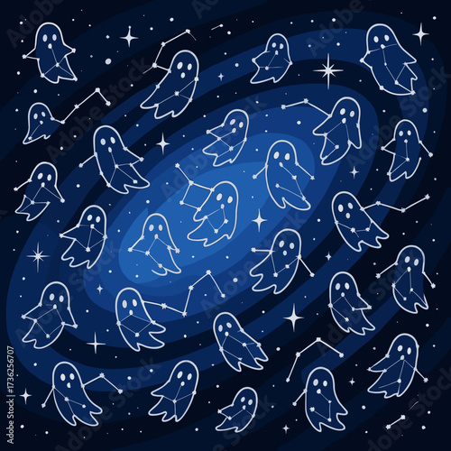 Cartoon ghosts in a playful mood floating in a starry galaxy background
