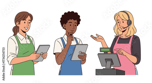 Three diverse retail workers in aprons using tablets and a cash register.
