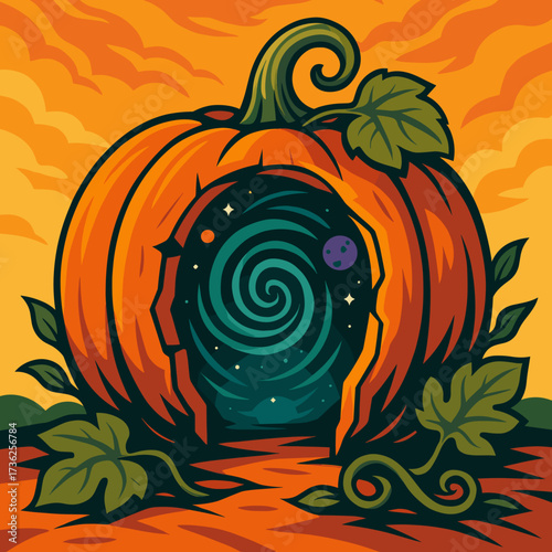 Whimsical pumpkin portal illustration with a swirling galaxy inside on a colorful background