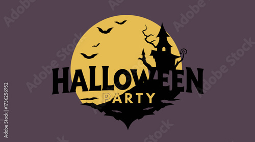Halloween party invitation with a haunted house silhouette against a full moon and flying bats on a purple background.