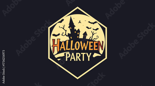 Halloween party invitation design featuring a spooky castle silhouette, bats, and bare trees against a moonlit sky.