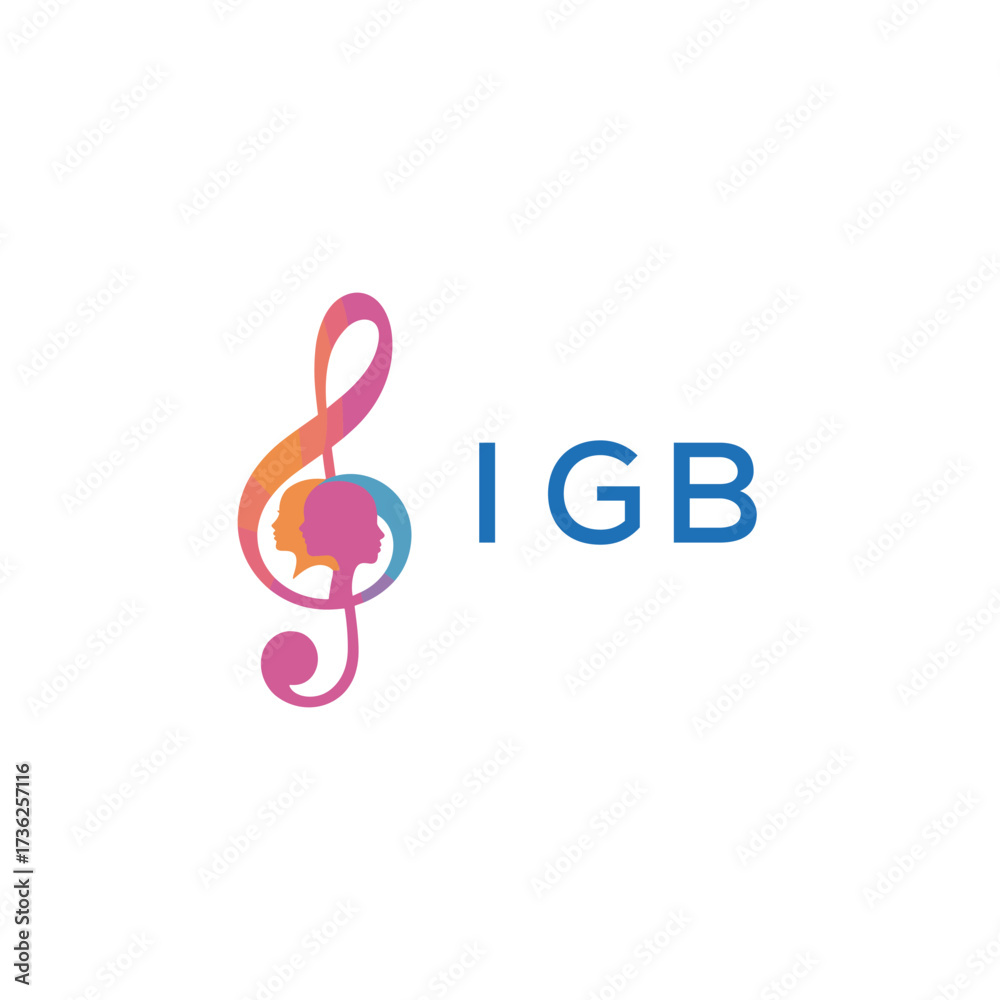 Obraz premium “Creative music logo with human silhouettes and treble clef in gradient colors, IGB Later Logo, modern artistic design isolated on white background”