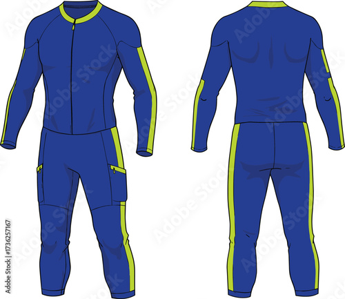 cad drawing flat vector illustration, athletic jumpsuit front back view, blue green sportswear design, fashion template, technical apparel sketch