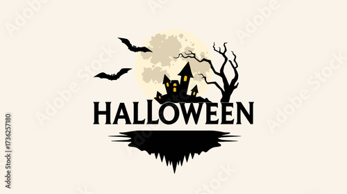 A spooky Halloween logo featuring a haunted house, bats, and a bare tree against a cloudy sky.