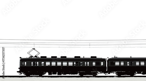 Vintage train stands at the station, highlighted by a minimalistic black and white design. The simplicity of the scene emphasizes the trains historic features.