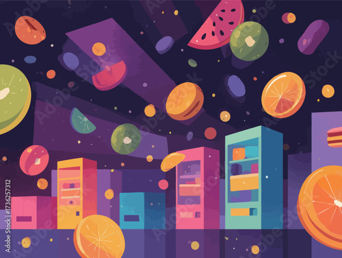 Bright fruit and candy pieces float through a vibrant city at night, creating a playful and dreamy atmosphere with colorful buildings.