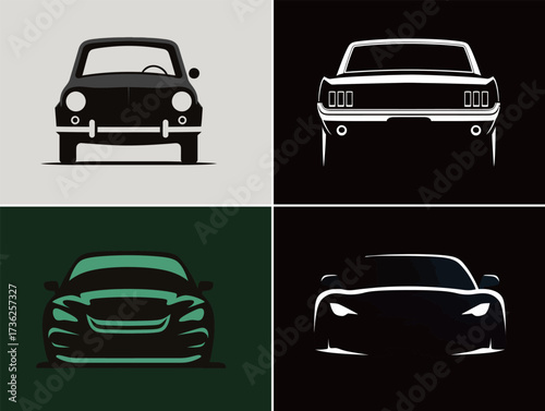 Four distinct car silhouettes highlight automotive design. Each vehicle represents a different era, showcasing the evolution of style and engineering in cars.