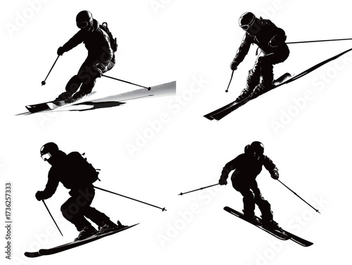Four skiers are shown executing different actions on snowy terrains. Each skier displays unique techniques, highlighting the thrill of winter sports in a snowy environment.