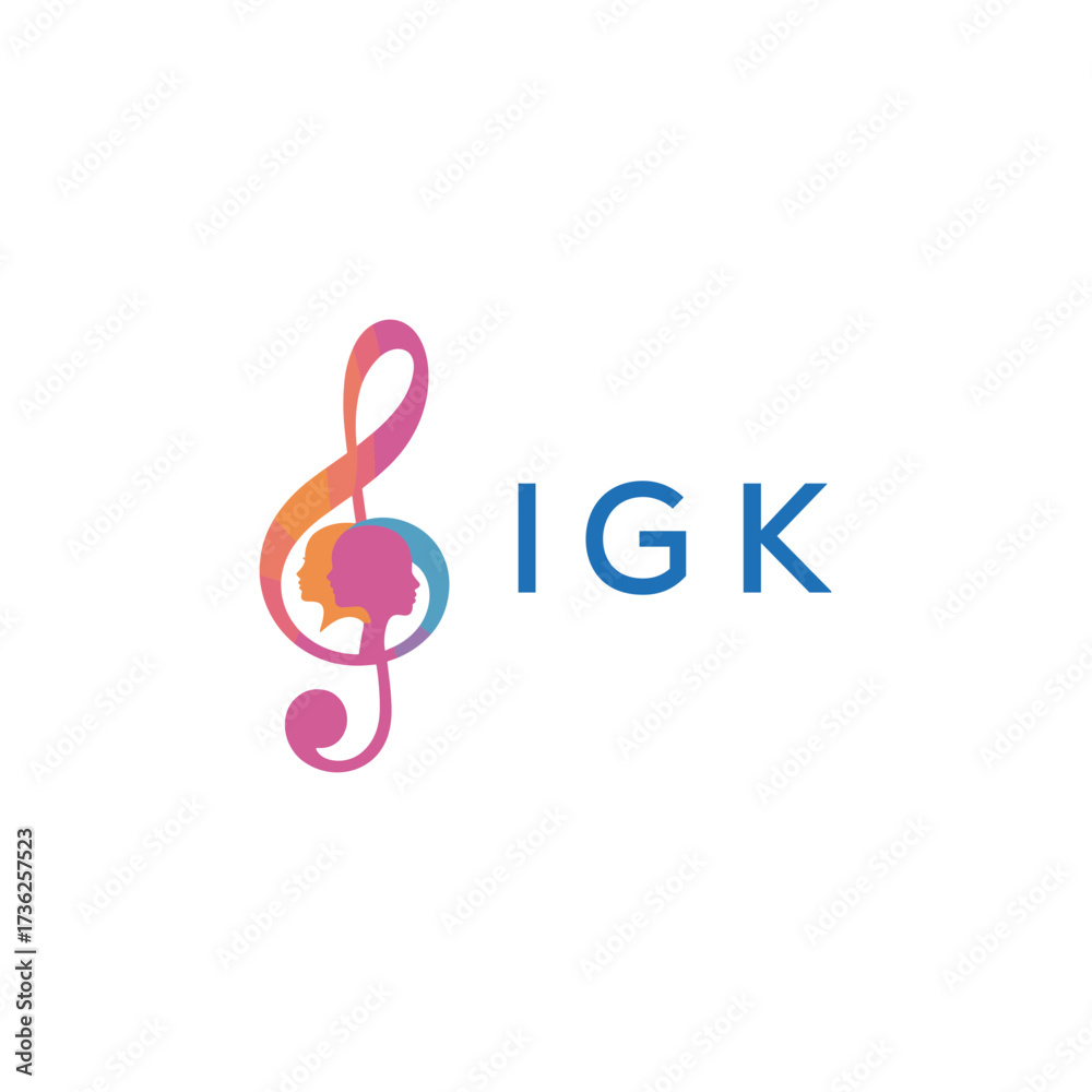Fototapeta premium “Creative music logo with human silhouettes and treble clef in gradient colors, IGK Later Logo, modern artistic design isolated on white background” 