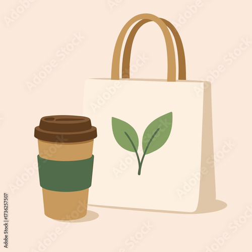 Coffee cup beside an eco-friendly shopping bag with a leaf design on a light background