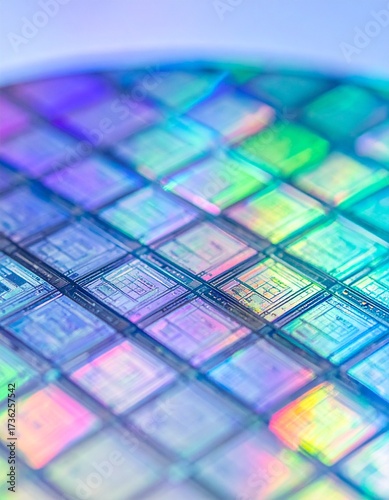 Close up of a silicon wafer with vibrant iridescent patterns