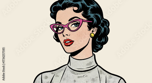 Stylish woman with pink glasses, red lipstick, and dark curly hair, wearing a grey patterned top.