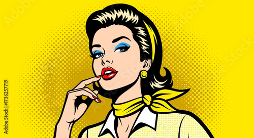 A retro-styled woman with a finger on her lip, looking seductive against a yellow background.