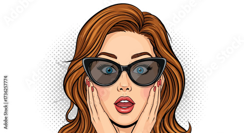 A surprised woman with red hair and sunglasses, holding her face in shock.