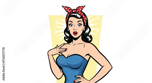 A vintage-style illustration of a woman expressing surprise, wearing a blue dress and red headscarf.