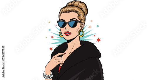 Elegant woman with blonde hair in a bun, wearing sunglasses and a black fur coat, against a burst background.