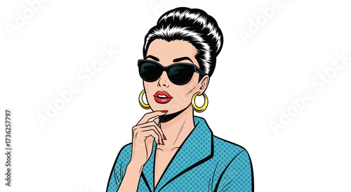 A woman with sunglasses and a stylish updo poses with her hand on her chin, looking thoughtful.