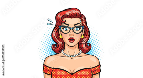 A surprised woman with red hair and glasses, illustrated in a pop art style.