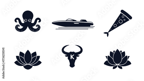 Diverse vector icons collection: marine octopus, speed boat, creative pizza slice, elegant lotus flower, and strong bull head silhouette