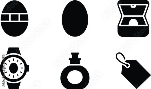 Collection of Icons Featuring Decorated Egg Plain Egg Jewelry Box Watch Bottle and Tag