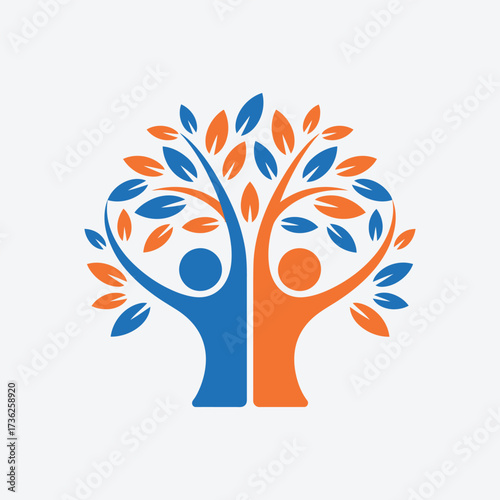 Vector art of a vibrant tree of life logo featuring stylized figures with raised arms, symbolizing unity