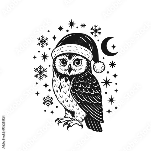 Owl vector illustration in santa hat with snowflakes, moon and stars in gothic christmas monochrome style