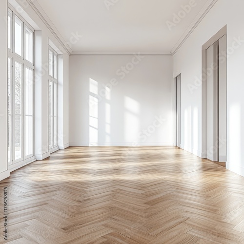 Wallpaper Mural Empty sunlit room with herringbone floors (1) Torontodigital.ca