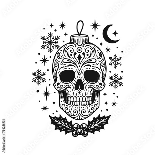 Gothic Christmas Skull Ornament Vector | Spooky Holiday Illustration