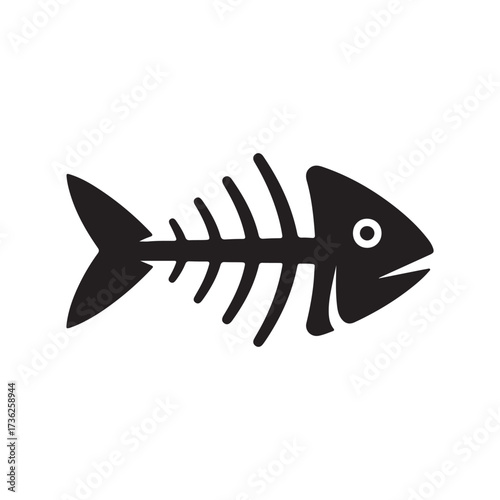 Minimalist Black Fish Skeleton Flat Vector on White Background