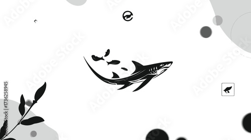 Monochrome graphic illustration of a shark chasing small fish, depicting marine predator and prey dynamics in an abstract ocean environment.