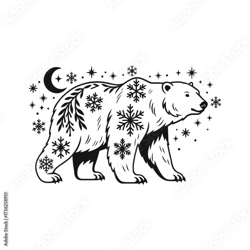Polar bear vector illustration with decorative snowflakes, moon and stars in gothic christmas monochrome style