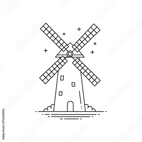 Windmill vector illustration in minimal linear style with rural farm architecture
