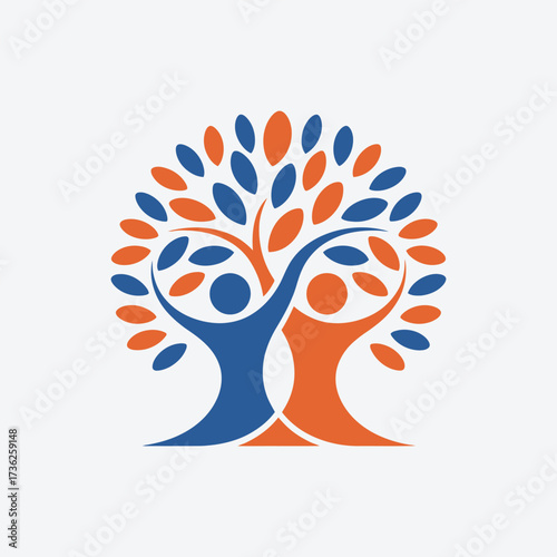 Vector art of a vibrant tree of life logo featuring stylized figures with raised arms, symbolizing unity